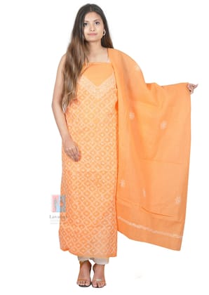 Lavangi Women's Lucknow Chikankari Cotton Unstitched Dress Material for Top, Bottom & Dupatta (Peach)
