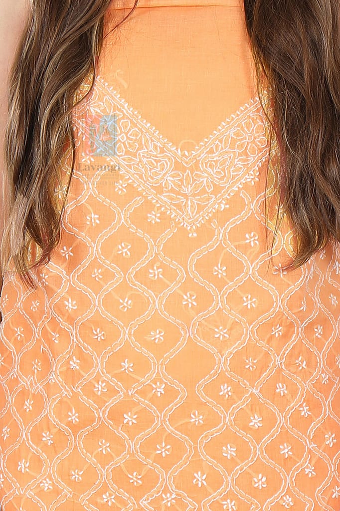 Lavangi Women's Lucknow Chikankari Cotton Unstitched Dress Material for Top, Bottom & Dupatta (Peach)