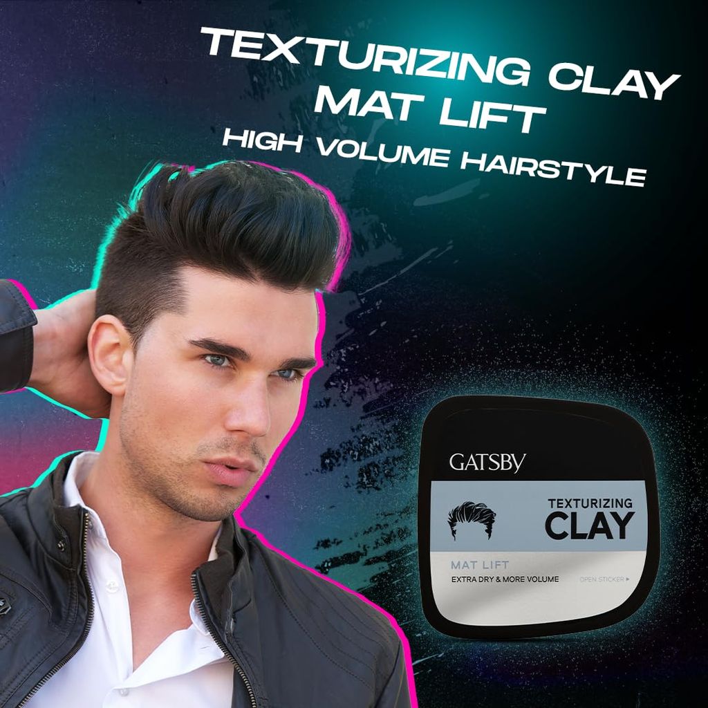 Gatsby Texturizing Clay - Mat Lift | For Super Strong Hold, More Volume & Extra Dry Look | Stylish Matte Finish | Anytime Restylable Hair Styling Clay Wax | Hair Wax For Men | 75gm