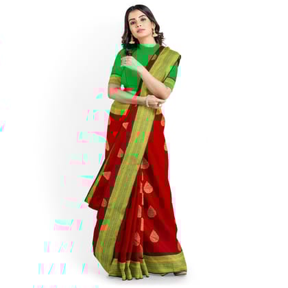 Dark Red Color Korvai Saree Has Contrast Pallu and Border with Unstitched Blouse