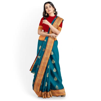 Sea Blue Color Korvai Saree Has Contrast Pallu and Border with Unstitched Blouse