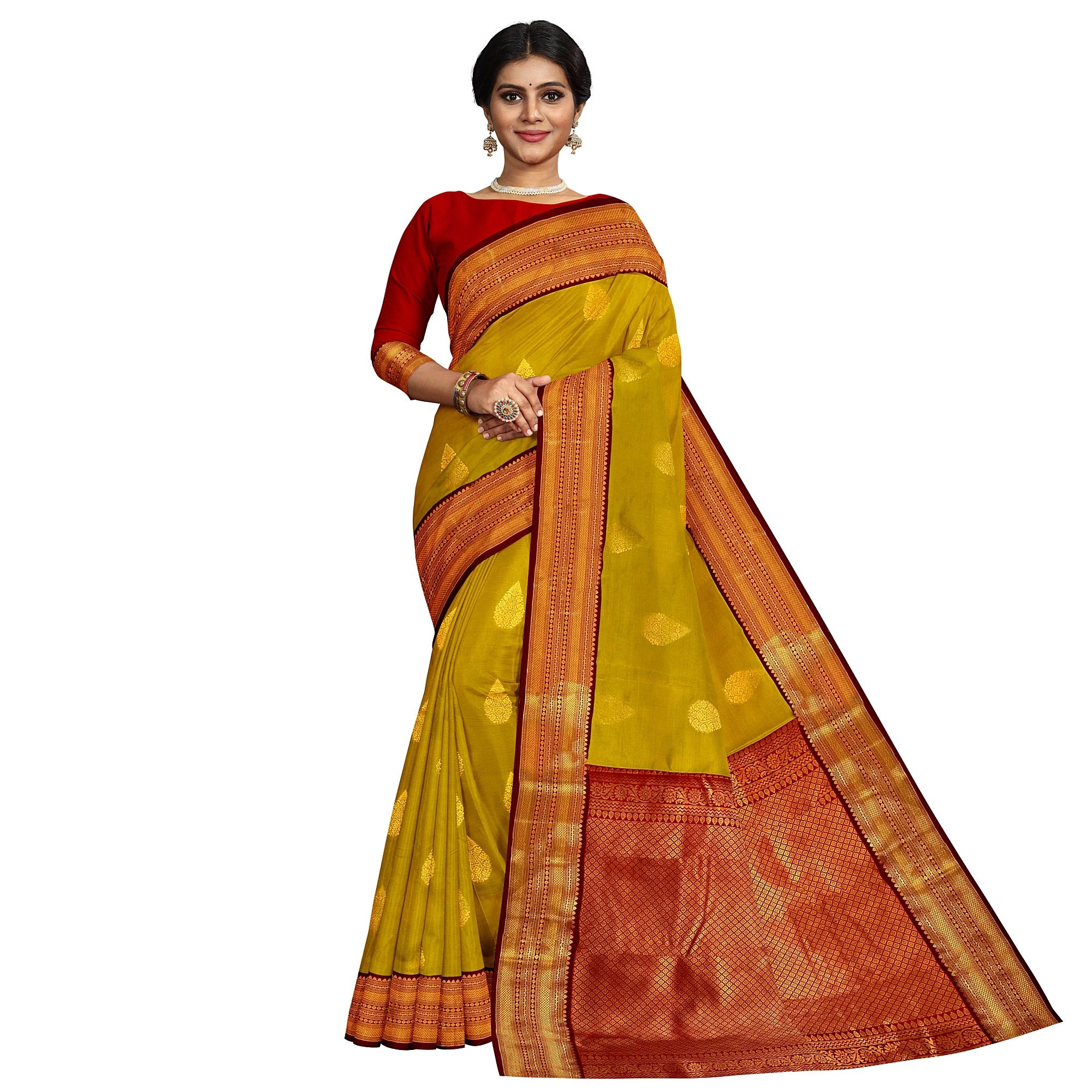 Olive Green Color Korvai Saree Has Contrast Pallu and Border with Unstitched Blouse