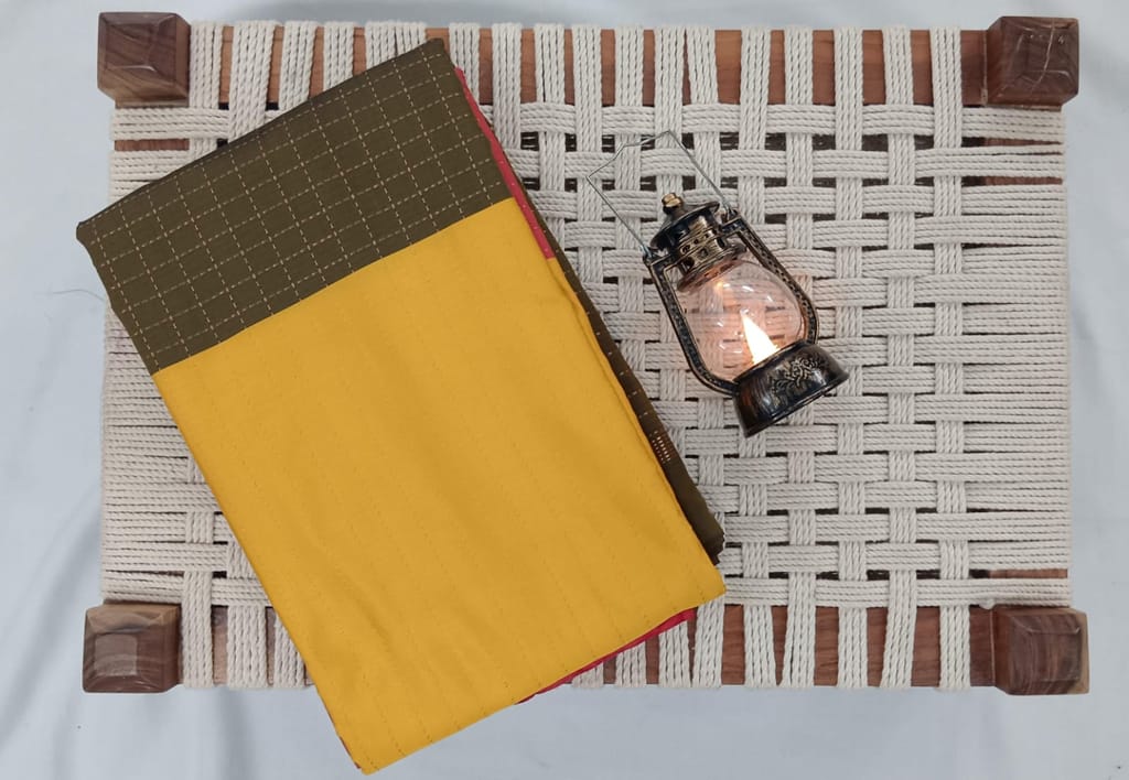 Noil silk Checked border saree mutard yellow and olive green color - Sarees | Buy online on ZillyBuy