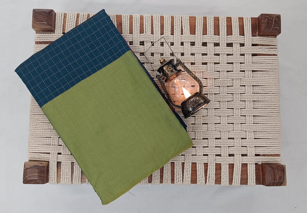 Noil silk checked border saree Light green and dark green - Sarees | Buy online on ZillyBuy