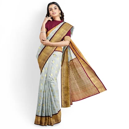 Light Grey Color Korvai Saree Has Contrast Pallu and Border with Unstitched Blouse