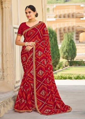 Red Color Chiffon Printed Saree With Embroidery Border And Embroidery Printed Blouse Piece