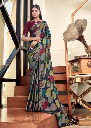 Digital Printed Georgette Saree in Navy Blue and Multicolor