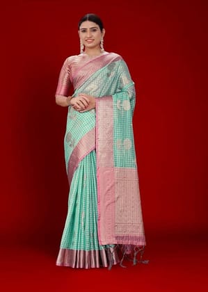 Woven Organza Saree in Turquoise