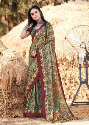 Digital Printed Cotton Saree in Dusty Green and Multicolor