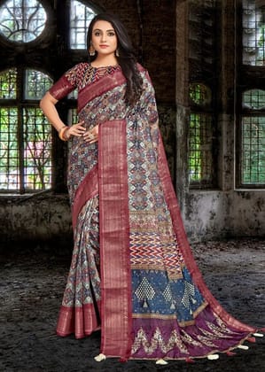 Digital Printed Cotton Silk Saree in Multicolor