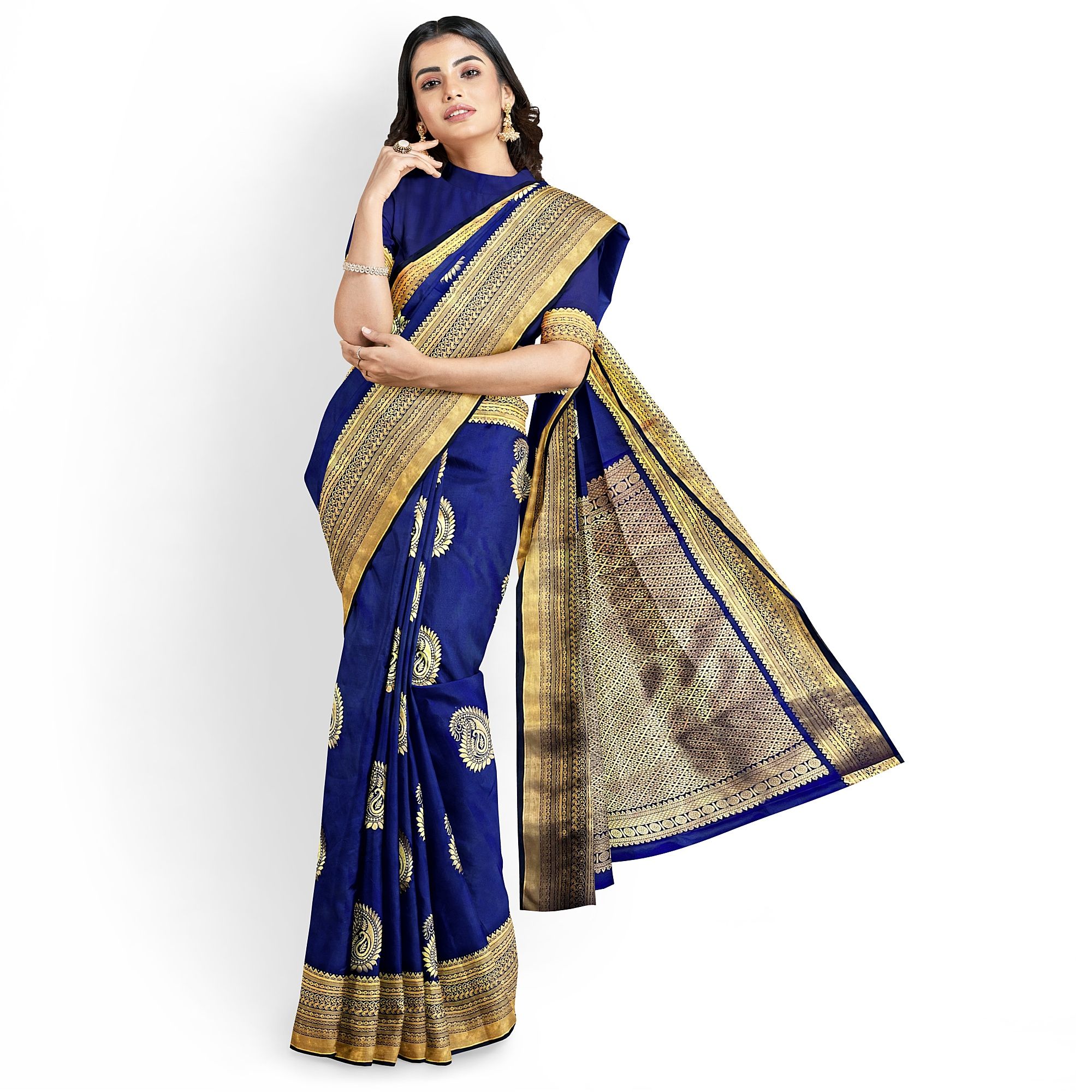 Navy Blue Color Big Mango Butta Saree with Unstitched Blouse
