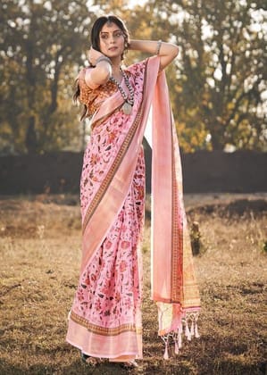 Digital Printed Cotton Saree in Pink