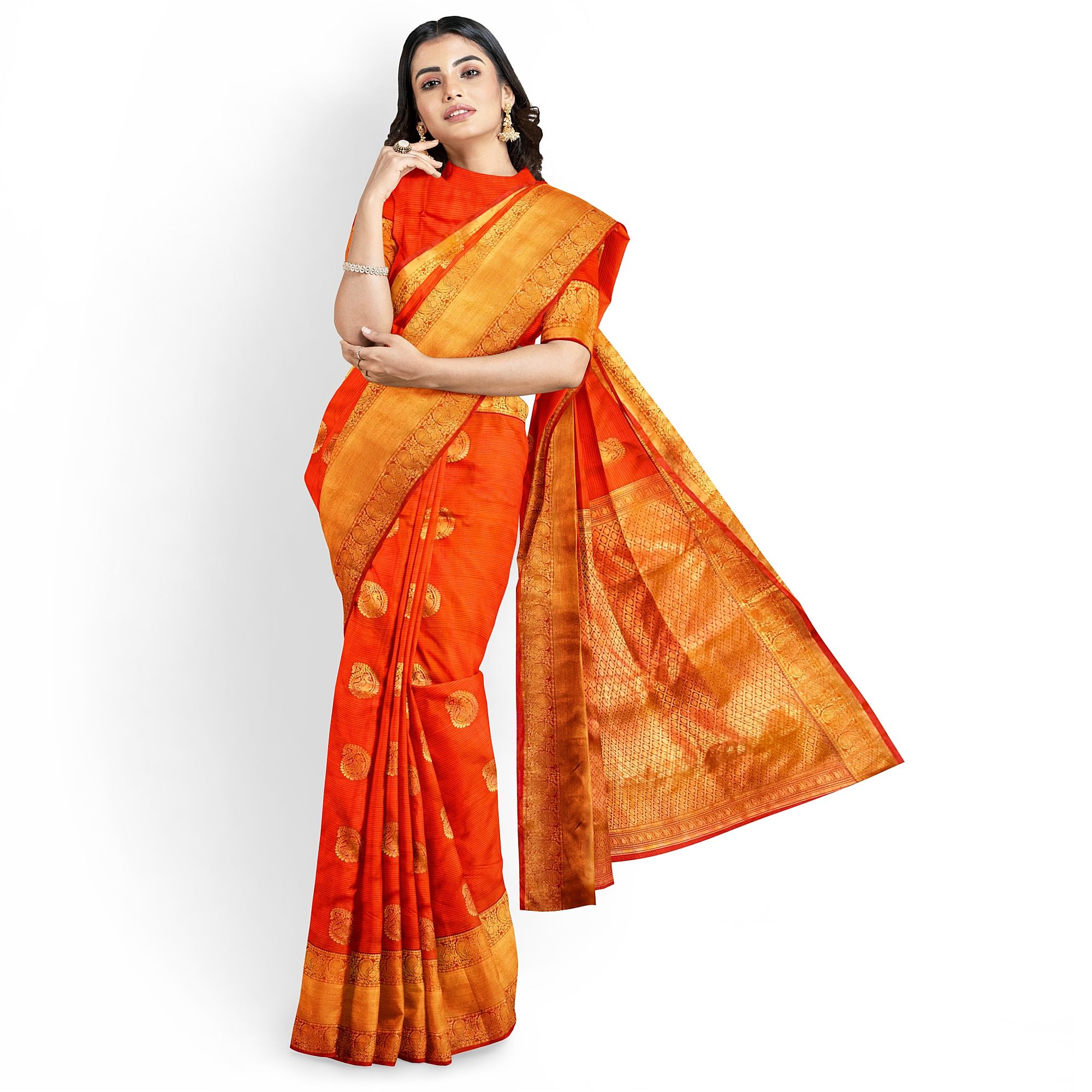 Dark Orange Beautiful Mango Butta Saree with Unstitched Blouse