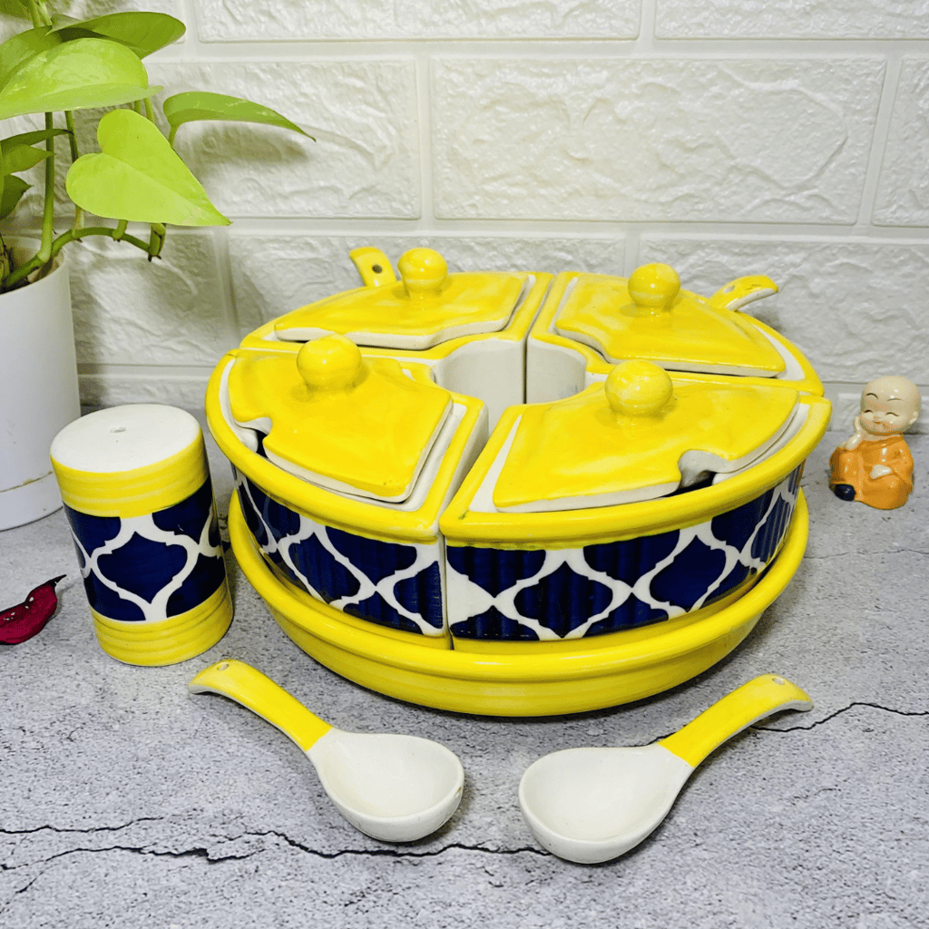 Homefrills Multi-Utility Storage Ceramic Pickle set Jars & Containers with Lid, Tray,spoon & Salt Dispenser for Snacks/Chutney/Pickle Serving jar set Colour-Mustard Blue