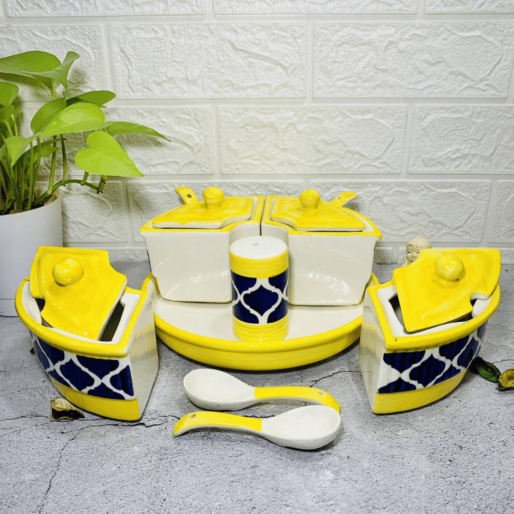 Homefrills Multi-Utility Storage Ceramic Pickle set Jars & Containers with Lid, Tray,spoon & Salt Dispenser for Snacks/Chutney/Pickle Serving jar set Colour-Mustard Blue