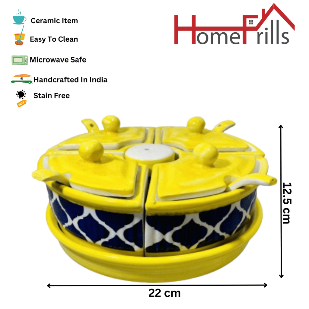 Homefrills Multi-Utility Storage Ceramic Pickle set Jars & Containers with Lid, Tray,spoon & Salt Dispenser for Snacks/Chutney/Pickle Serving jar set Colour-Mustard Blue