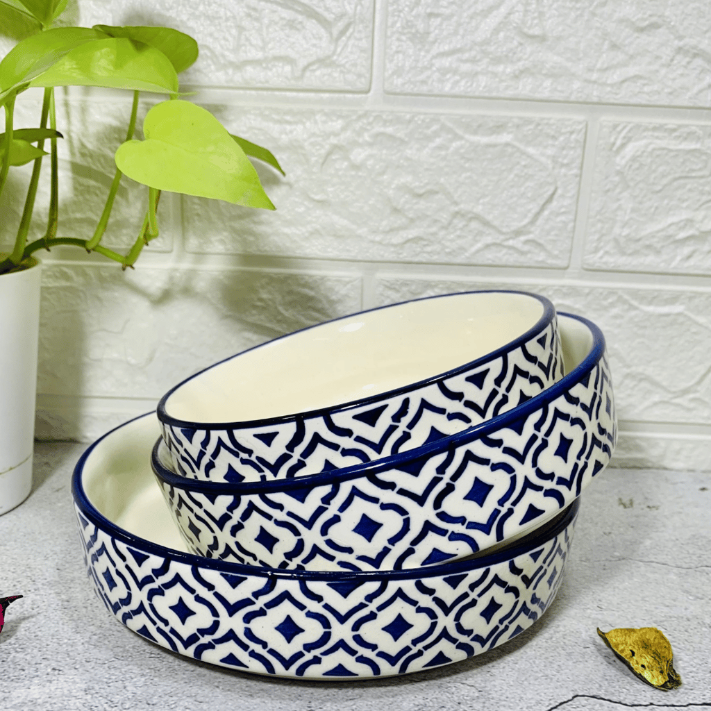 Homefrills Studio Pottery Hand-Painted Ceramic Salad Tray/Bowl, Salad Plate for Serving Snacks, Fruits, Salad, Noodles & Pasta Microwave Dishwasher Safe/BPA & Lead Free -Set of 3 Color -Blue