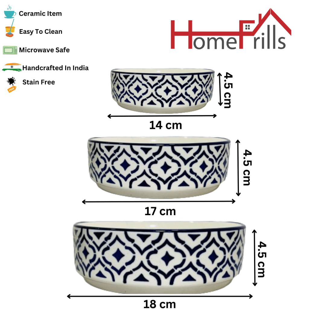 Homefrills Studio Pottery Hand-Painted Ceramic Salad Tray/Bowl, Salad Plate for Serving Snacks, Fruits, Salad, Noodles & Pasta Microwave Dishwasher Safe/BPA & Lead Free -Set of 3 Color -Blue