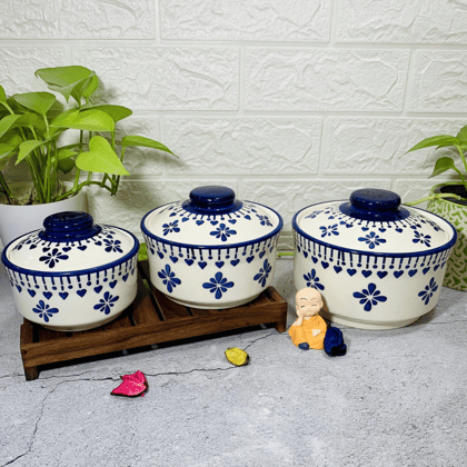 Homefrills Ceramic 3 Pcs Handprinted Multipurpose Storage Ceramic Jars & Containers/Casseroles/Donga/serving Bowl with Lid Microwave & Dishwasher Safe- Set of 3 colour- Blue