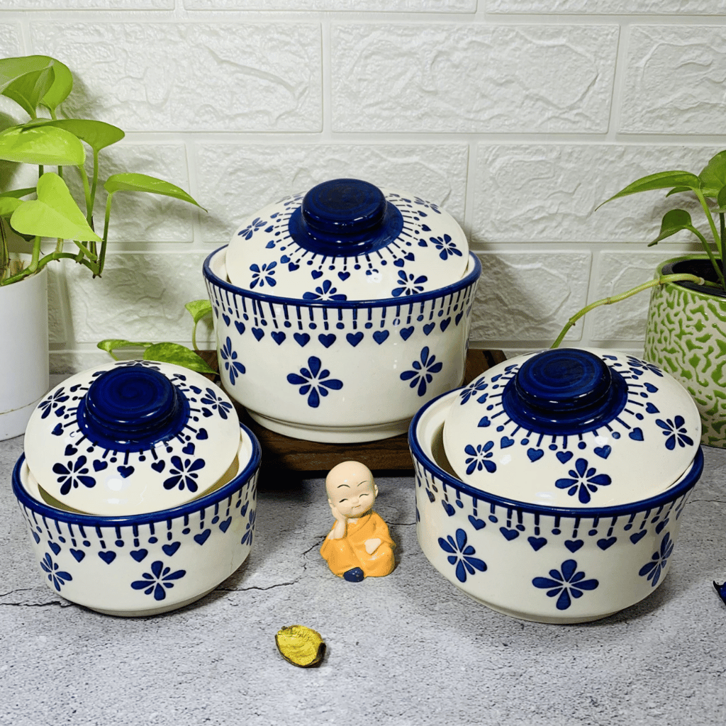 Homefrills Ceramic 3 Pcs Handprinted Multipurpose Storage Ceramic Jars & Containers/Casseroles/Donga/serving Bowl with Lid Microwave & Dishwasher Safe- Set of 3 colour- Blue