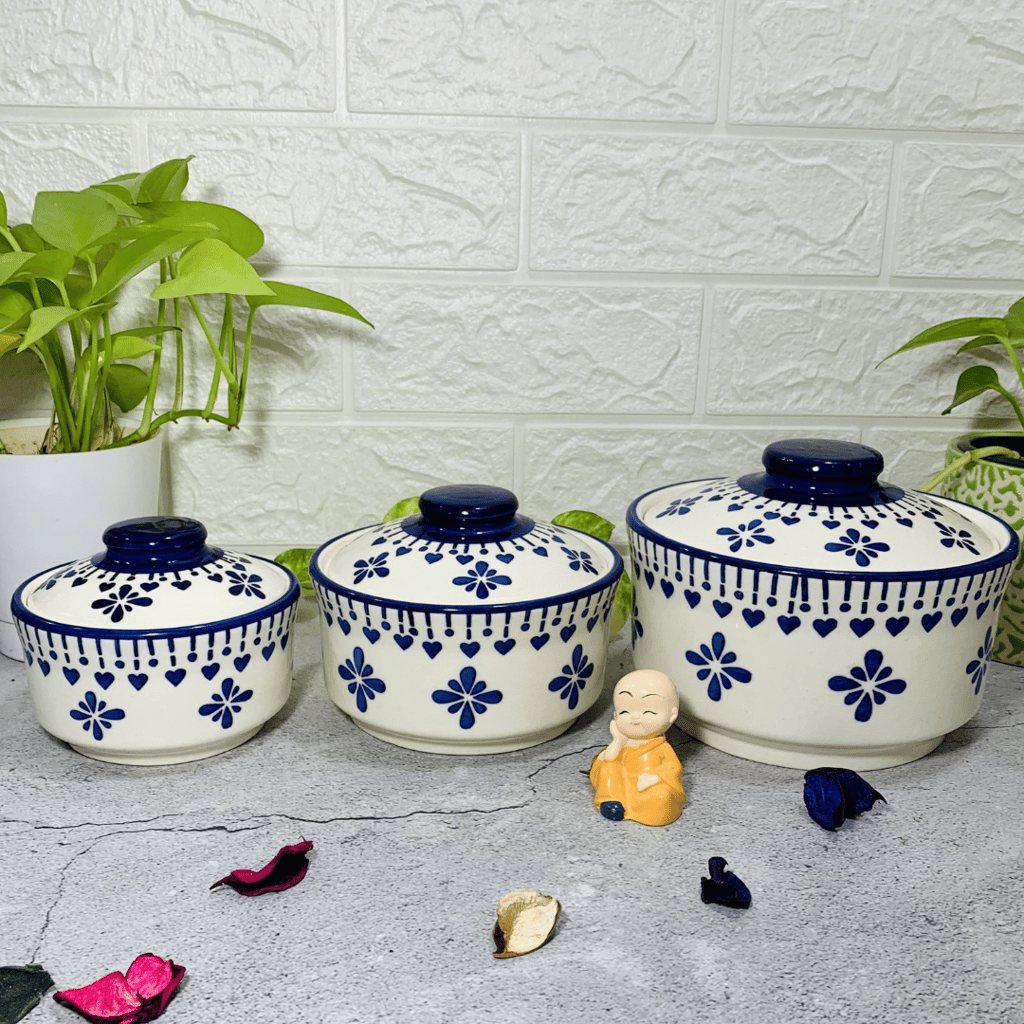 Homefrills Ceramic 3 Pcs Handprinted Multipurpose Storage Ceramic Jars & Containers/Casseroles/Donga/serving Bowl with Lid Microwave & Dishwasher Safe- Set of 3 colour- Blue