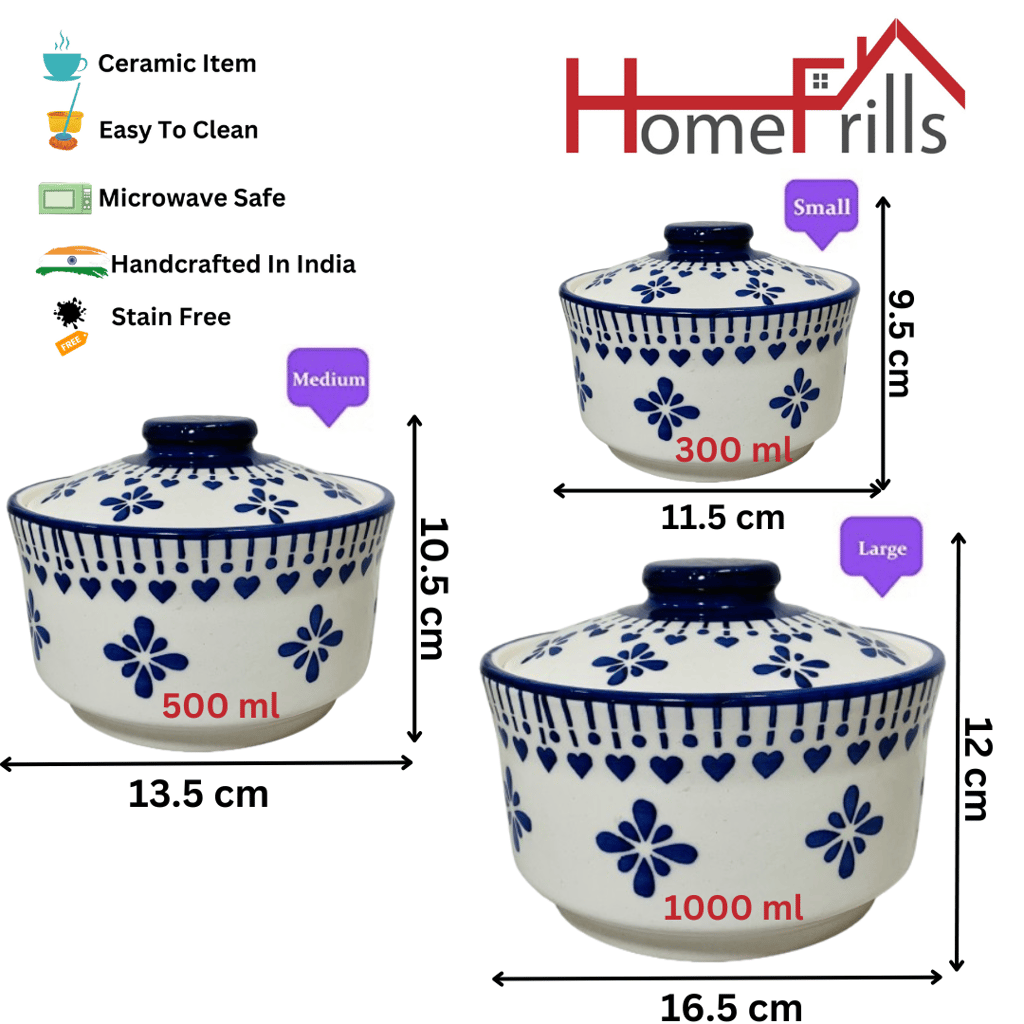 Homefrills Ceramic 3 Pcs Handprinted Multipurpose Storage Ceramic Jars & Containers/Casseroles/Donga/serving Bowl with Lid Microwave & Dishwasher Safe- Set of 3 colour- Blue