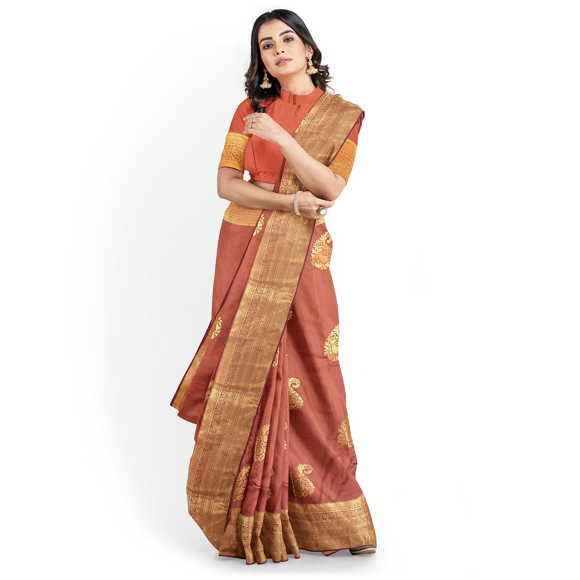 Dark Peach Color Big Mango Butta Saree with Unstitched Blouse