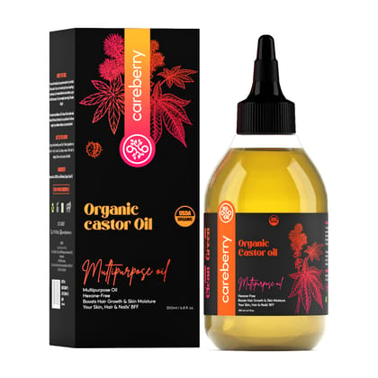 Careberry Organic Cold Pressed Castor Oil (Arandi Oil), Hexane Free, 100% Natural & Cold Pressed, Ayush Certified Ayurvedic 200ml
