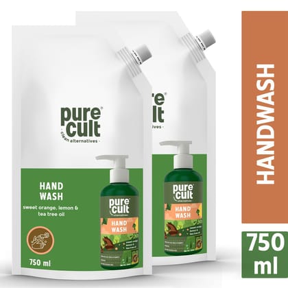 PureCult Handwash with Sweet Orange Lemon & Tea Tree Essential Oils Refill Pack 750ml Combo (Pack of 2)