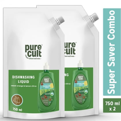 PureCult Dishwashing Liquid with Sweet Orange and Lemon Essential Oils 750ml combo (Pack Of 2)