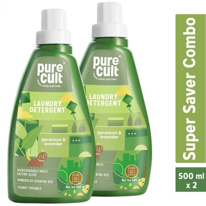 PureCult Liquid Laundry Detergent with Geranium and Lavender Essential Oils 500ml Combo (Pack of 2)