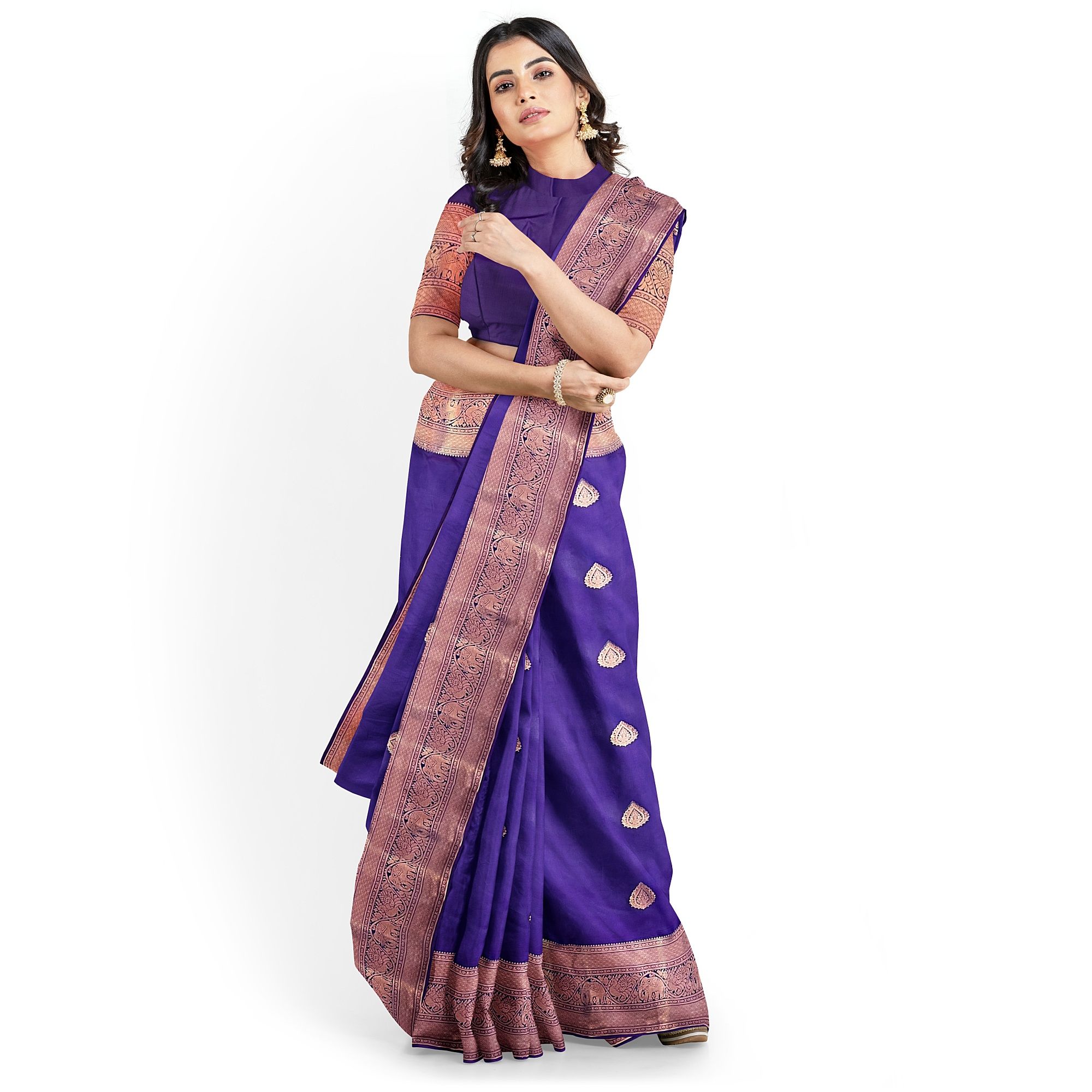 Navy Blue Color Thilagam Butta Saree with Unstitched Blouse