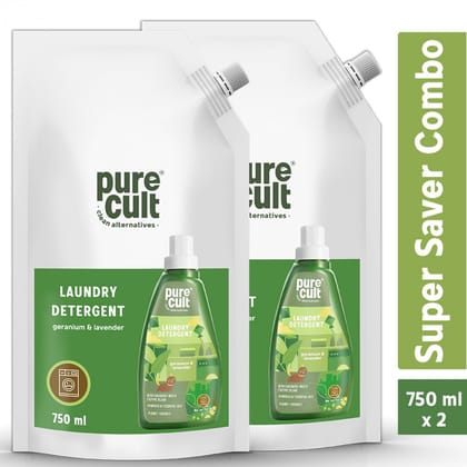 PureCult Liquid Laundry Detergent with Geranium & Lavender Essential Oils Refill Pack 750 ml Combo (Pack of 2)