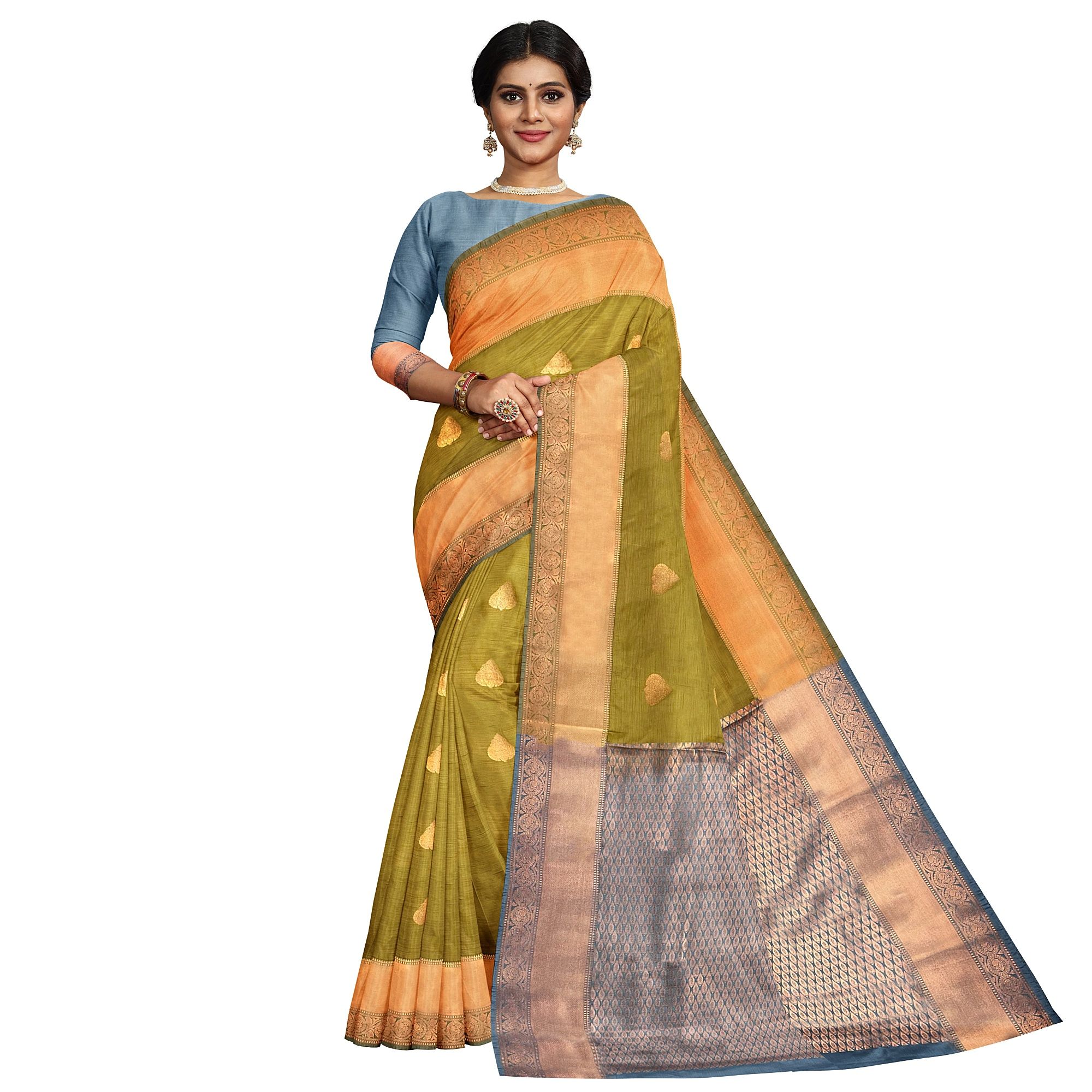 Olive Green Color Thilagam Butta Saree with Unstitched Blouse
