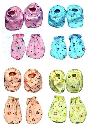 Newborn Baby Hosiery Soft Fabric Mitten Booties (Pack of 4) Printed Random Print