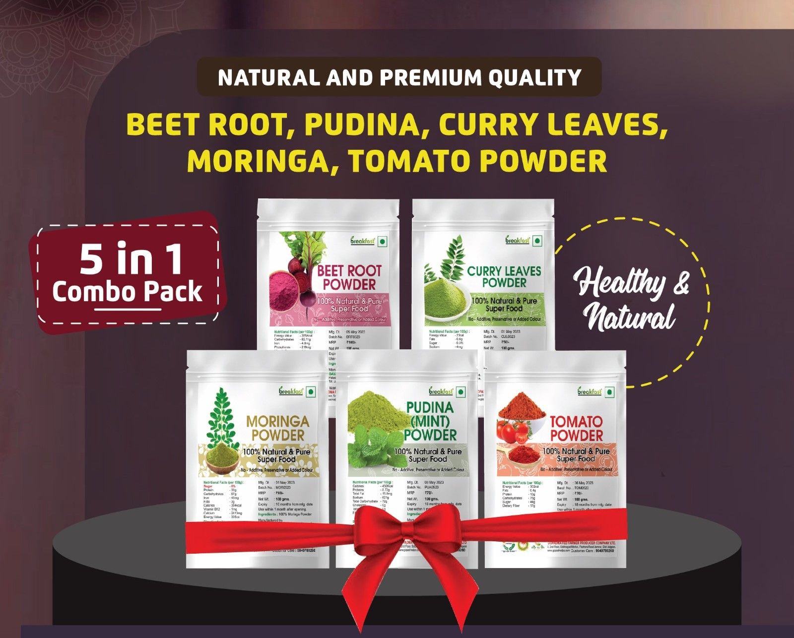  5 in 1 Combo Pack of Beetroot Powder, Pudina Powder, Curry Leaves Powder, Moringa Powder, Tomato Powder