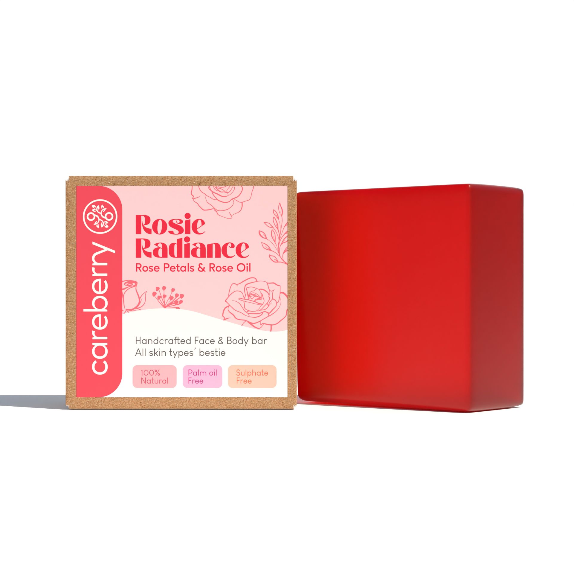 Careberry's Rosy Radiance Handcrafted Face & Body Bar | Gentle Cleanser with Rose Petals & Rose Oil for Radiant Skin, 100gm