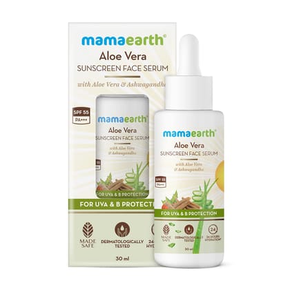 Mamaearth Aloe Vera Sunscreen Face Serum with SPF 55, with Aloe Vera & Ashwagandha for UVA& B Protection - 30 ml