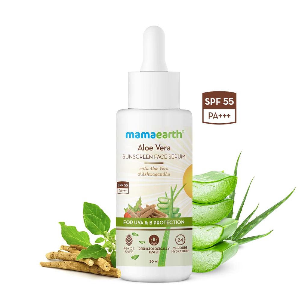 Mamaearth Aloe Vera Sunscreen Face Serum with SPF 55, with Aloe Vera & Ashwagandha for UVA& B Protection - 30 ml