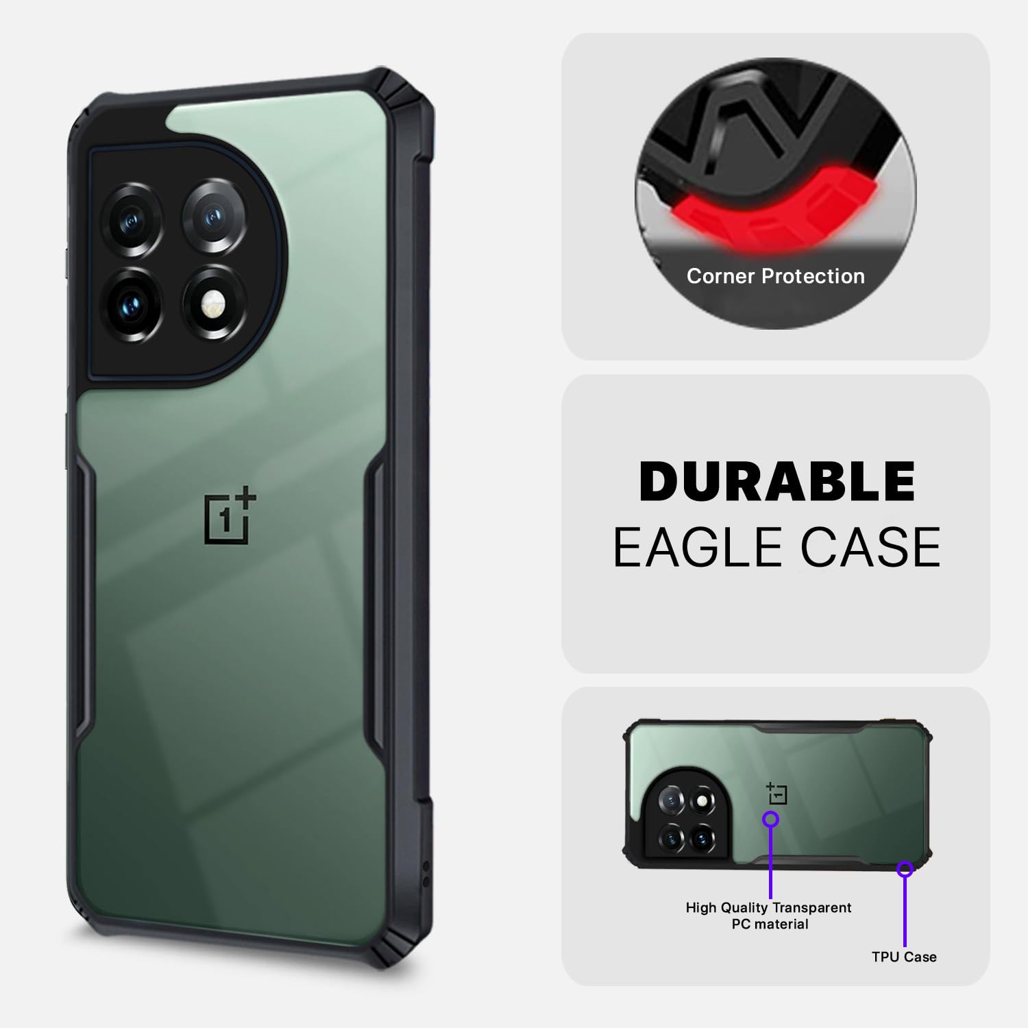 Back Cover For 1+ OnePlus 911R (5g) Camera Protection Shockproof Bumper-Edge | Acrylic Crystal Clear 360 Degree Protection TPU+PC | Transparent Eagle Back Case Cover