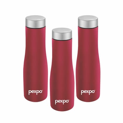 PEXPO Stainless Steel Fridge Water Bottle, 750 ml, Pack of 3, Crimson Red, Monaco | Eco-Friendly & Leak-Proof Water Bottle