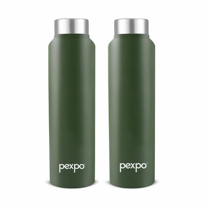 PEXPO Stainless Steel Fridge Water Bottle, 1000 ml, Pack Of 2, Military Green, Chromo | Leak-Proof & Easy to Grip Water Bottle