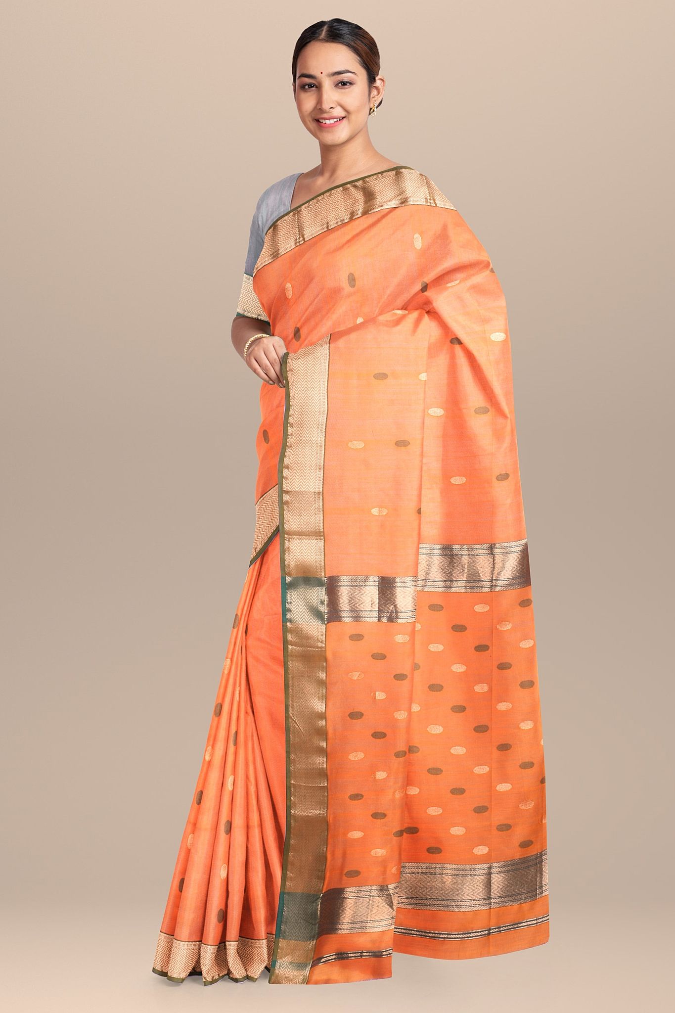 Hand Woven Aerospace Orange Color Traditional Rudraksh Buti Sausar Silk Saree with Zari Border  SKU-BS10059