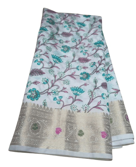 Banarasi Dupkiyan Silk Blend Saree with Blouse Piece, White