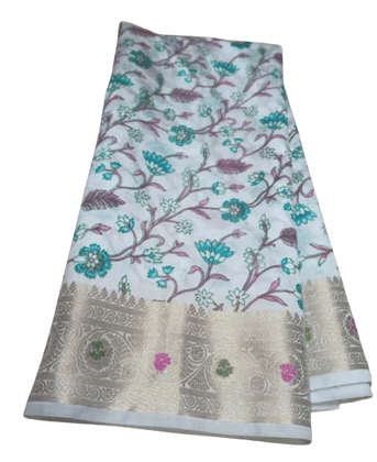 Banarasi Dupkiyan Silk Blend Saree with Blouse Piece, White