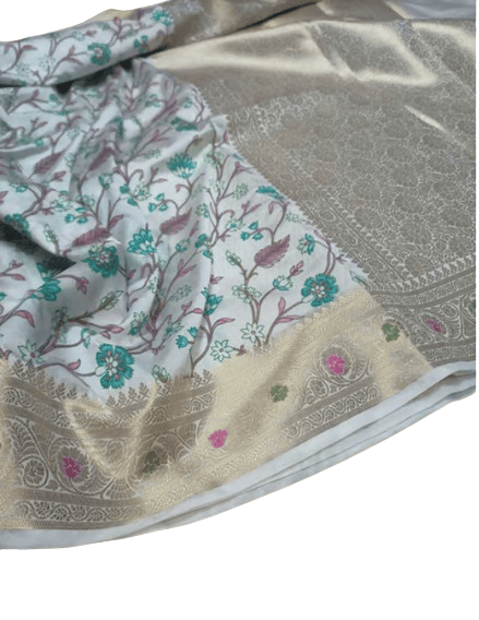 Banarasi Dupkiyan Silk Blend Saree with Blouse Piece, White
