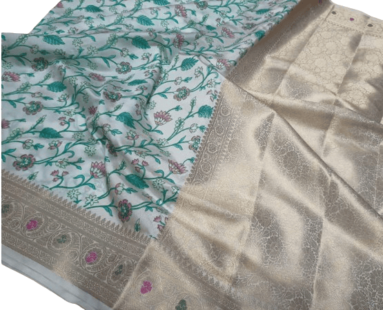Banarasi Dupkiyan Silk Blend Saree with Blouse Piece, White