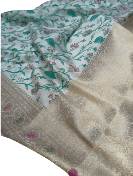 Banarasi Dupkiyan Silk Blend Saree with Blouse Piece, White