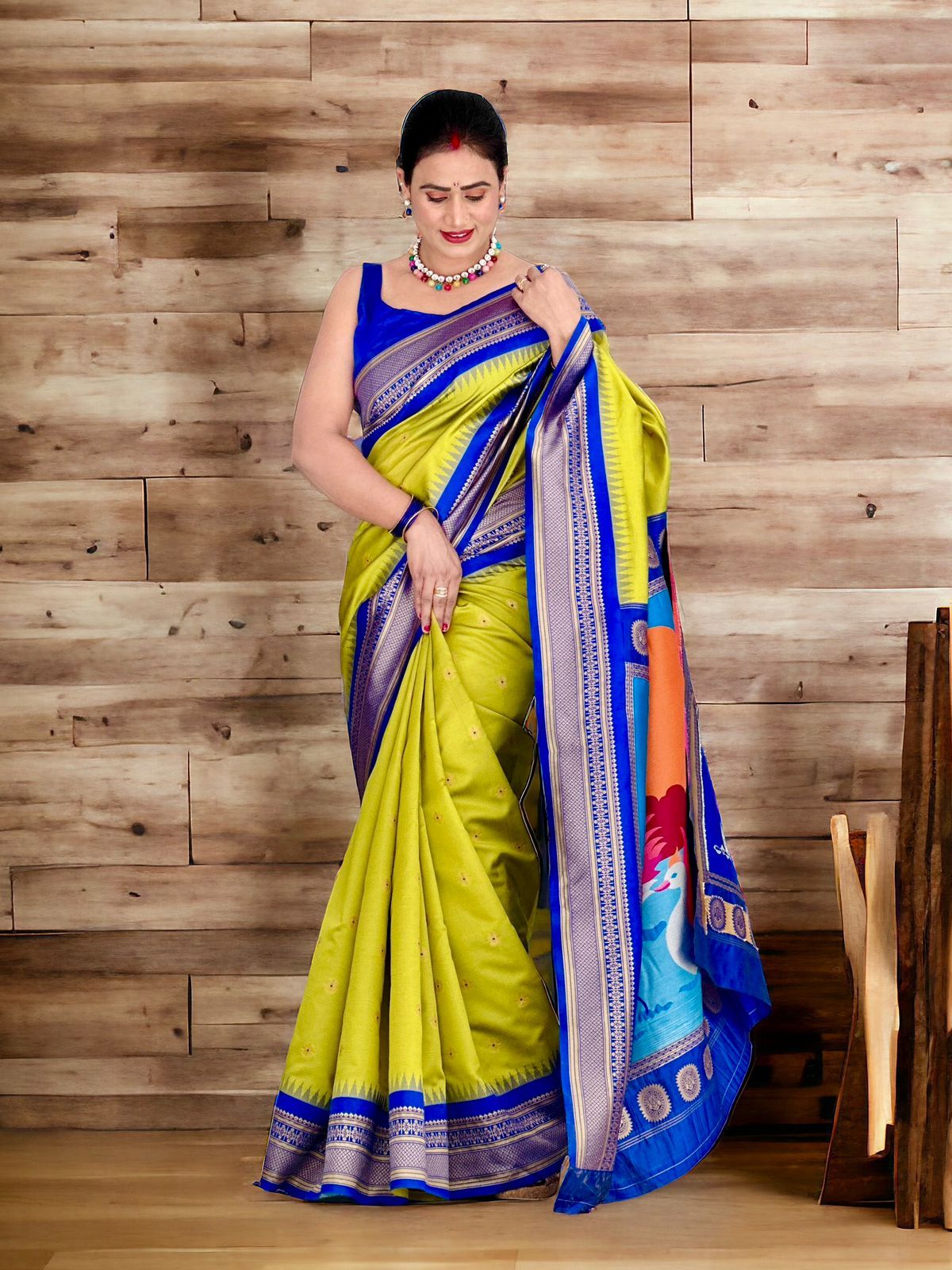 Paithani silk in light Lime  green with blue border