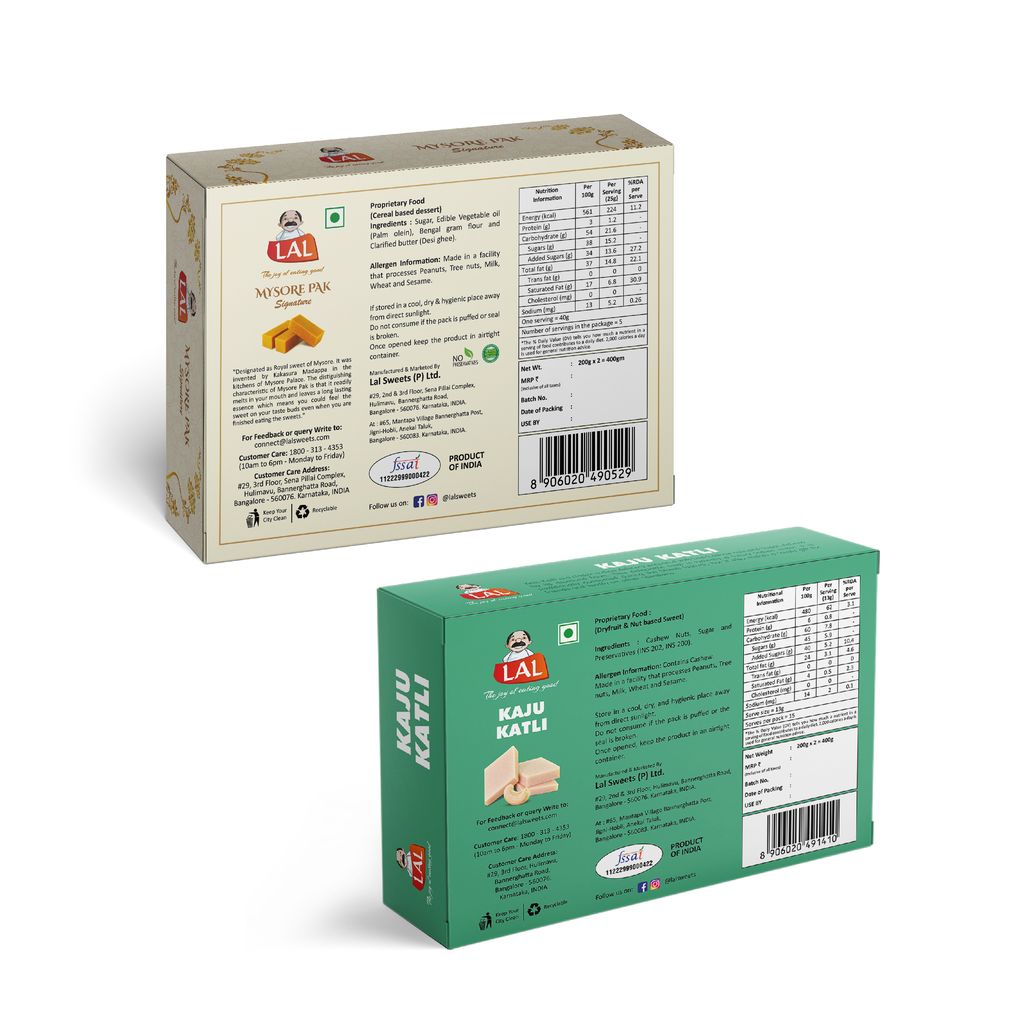 Lal Sweets Combo Pack of Mysore Pak Signature 400g and Kaju Katli 400g || Made with Fresh and Healthy Cashew Nuts || Cow Ghee Mysuru Sweet || Traditional Combo Mithai